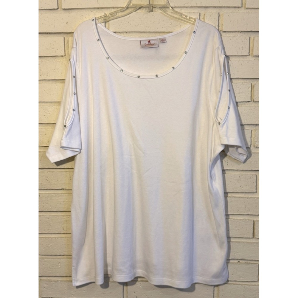 Quacker Factory Rhinestone Neckline Split Sleeve Knit T-shirt White Size 2X